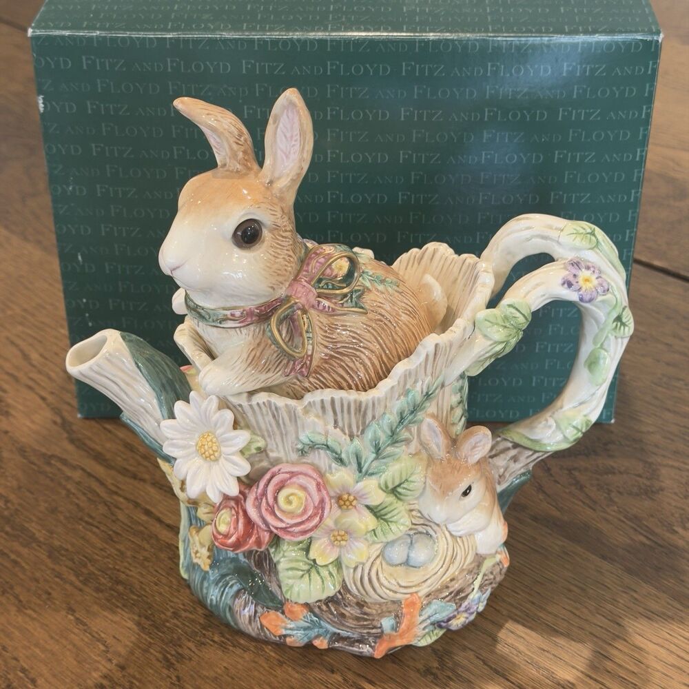 Fitz & Floyd Woodland Spring Bunny Rabbit Teapot Easter Cottagecore Vintage